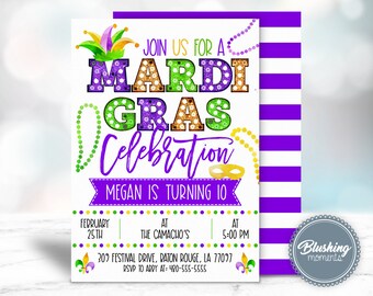 EDITABLE Mardi Gras Birthday Invitation, Mardi Gras Party, Masquerade Invitations, Fat Tuesday, Printable, Instant Download