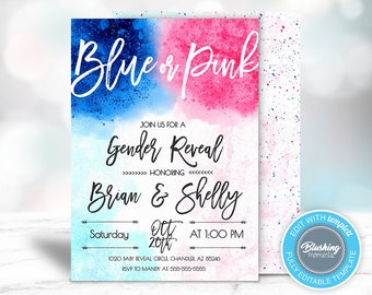 EDITABLE Gender Reveal Invitation Template, Blue or Pink Gender Reveal, He or She Invite, Watercolor Gender Reveal, Boy or Girl Invitation