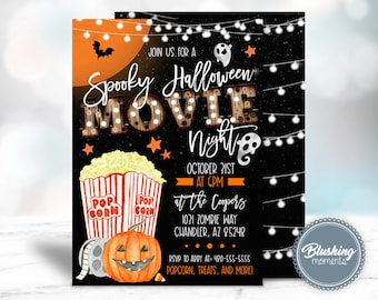 Zaproszenie na Wieczór Filmowy na Halloween – Zaproszenie na imprezę Halloween – Urodzinowe przyjęcie z filmem w ogrodzie – Szablon do edycji – Do druku – Pobierz cyfrowo