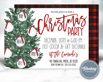 May include: A white Christmas party invitation with a red plaid background. The invitation features a watercolor illustration of a Christmas tree with ornaments that say "Merry", "Bright", "Jolly", and "Family". The text on the invitation reads "Please join us for a Christmas Party", "December 20th @ 6:00 PM", "Hot Cocoa & Gift Exchange", "at the Camacho's", "412 Snow Dr, Mesa, AZ 85212", "RSVP to Amy at: 555-555-5555", and "Blushing Moments".