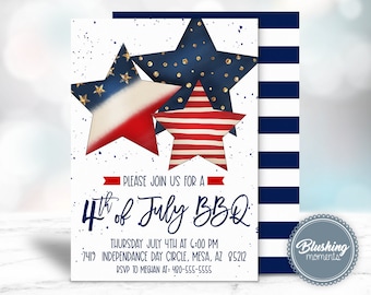 4th of July Invitation, Stars and Stripes Invitation, Patriotic Birthday Invites,  Red White & Blue BBQ, Editable Template, Printable