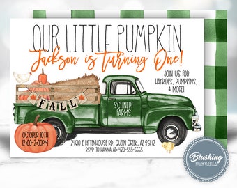 EDITABLE Fall Birthday Invitation, Our Little Pumpkin Birthday Invite, Fall Boy Invitations, Pumpkin Patch, Green Truck, Instant Download