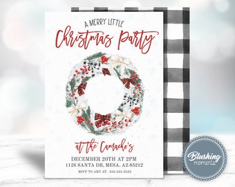 May include: A Christmas party invitation with a watercolor wreath decorated with red berries, white and black bows, and green pine branches. The text reads "A Merry Little Christmas Party at the Camacho's December 20th at 2pm 1126 Santa Dr, Mesa, AZ 85212 RSVP to Amy at: 555-555-5555"