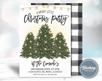 May include: A white invitation with a black and white checkered background. The invitation features a festive Christmas party theme with a graphic of three green Christmas trees with gold lights and white snow. The text reads "A Merry Little Christmas Party at the Camacho's December 20th at 2 PM 1126 Santa Dr, Mesa, AZ 85212 RSVP to Amy at: 555-555-5555".