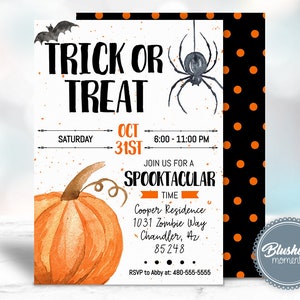 Halloween Invitation Printable, Halloween Invitation Template, Pumpkin Halloween Invitation, Trick or Treat Halloween Invitation,  Templett