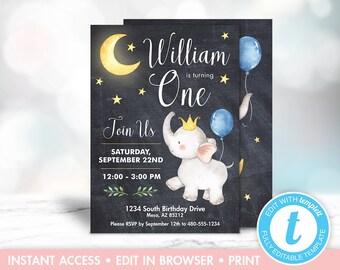 Elephant Birthday Invitation, First Birthday Invitation Printable, 1st Birthday Invitation for Boy, Editable, Instant Download, Templett