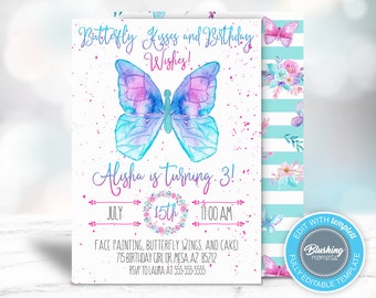 EDITABLE Butterfly Birthday Invitation,Butterfly Party,Spring Birthday Party,Garden Invite,Birthday Invitations for Girls,Printable,Editable