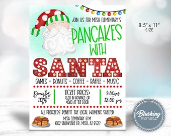 May include: A red and white Santa Claus illustration with a green hat and white beard. The text reads "Join us for Mesa Elementary's Pancakes with Santa".  The event is on December 10th from 9:00 am to 12:00 pm.  Ticket prices are $5.00 in advance or $10.00 at the door.  All proceeds benefit the local women's shelter.  The event is at Mesa Elementary Gym, 10102 Snowflake Dr, Mesa, AZ 85213.