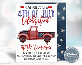 May include: Invitation to a 4th of July celebration at the Camachos. The invitation features a red, white, and blue pickup truck with stars and stripes. The text reads "Please join us for a 4th of July Celebration! at the Camachos. Thursday July 4th at 6:00 PM 7419 Independence Day Circle, Mesa, AZ 85212 RSVP to Meghan at: 480-555-5555"