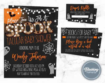 EDITABLE Halloween Baby Shower Invitation Set, Fall Baby Shower Invite, Halloween Gender Reveal, Halloween Party Invitation, Printable