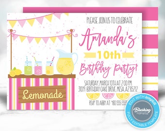 Lemonade Birthday Invitation, Lemonade Stand Invite,  First Birthday Invitation, Pink Lemonade Party Theme, Editable Template, Printable