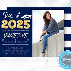 EDITIERBARE Abschlussanzeige Fotokarte, Klasse von 2025 Einladungen, 2025 Abschlussfeier einladen, bedruckbar, Marineblau, Sofort Download