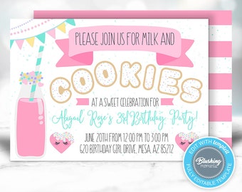EDITABLE Milk and Cookies Birthday Invitation, Pink Cookie Party, First Birthday, Cookie Invitations, Printable, Instant Download, Template