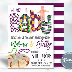 Mardi Gras Baby Shower Invitation, We Got the Baby Invite, Editable Baby Shower Template, King Cake, Fat Tuesday, Printable Instant Download