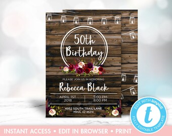 Invitation d'anniversaire pour les femmes, invitation de fête surprise, invitation d'anniversaire rustique d'automne, invitation imprimable, 30e, 40e, 50e, 60e, 70e, 80e