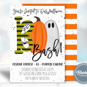 May include: Halloween party invitation with a black and green striped letter "B", a pumpkin, and a ghost. The text reads "You're Invited to Our Halloween Bash!" with details about the event, including a costume contest, DJ, pumpkin carving, date, time, location, and RSVP information.