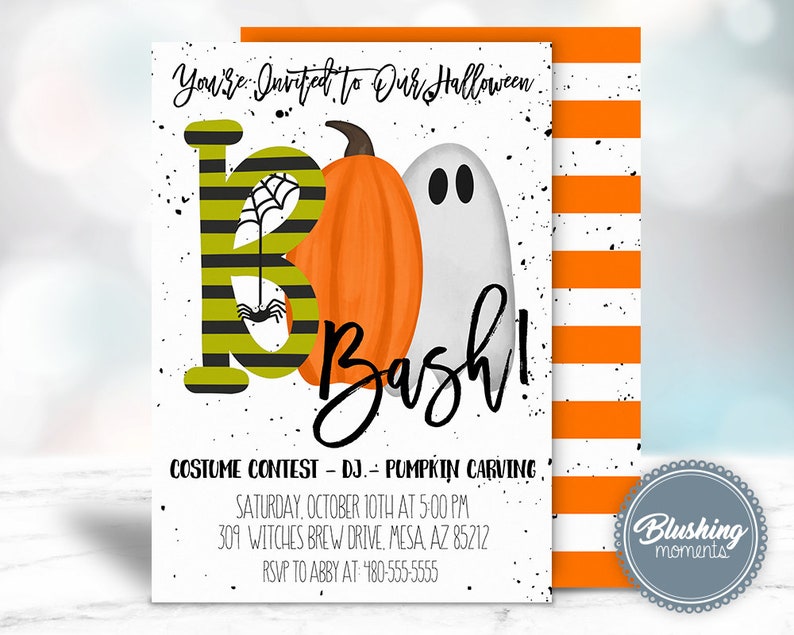 May include: Halloween party invitation with a black and green striped letter "B", a pumpkin, and a ghost. The text reads "You're Invited to Our Halloween Bash!" with details about the event, including a costume contest, DJ, pumpkin carving, date, time, location, and RSVP information.