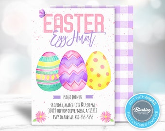 May include: Easter Egg Hunt invitation featuring watercolour eggs in teal, purple, and yellow. The invitation includes the text "EASTER Egg Hunt" in pink and purple, with event details and a floral design.