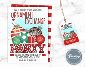 May include: A Christmas ornament exchange party invitation with a red and white striped background. The invitation features a blue background with red, green, and white ornaments, a gift box, and the text "You're invited to our Christmas Ornament Exchange Party". The invitation also includes the date, time, and location of the party. The text "RSVP to Addy at: 400-555-5555" is also included.