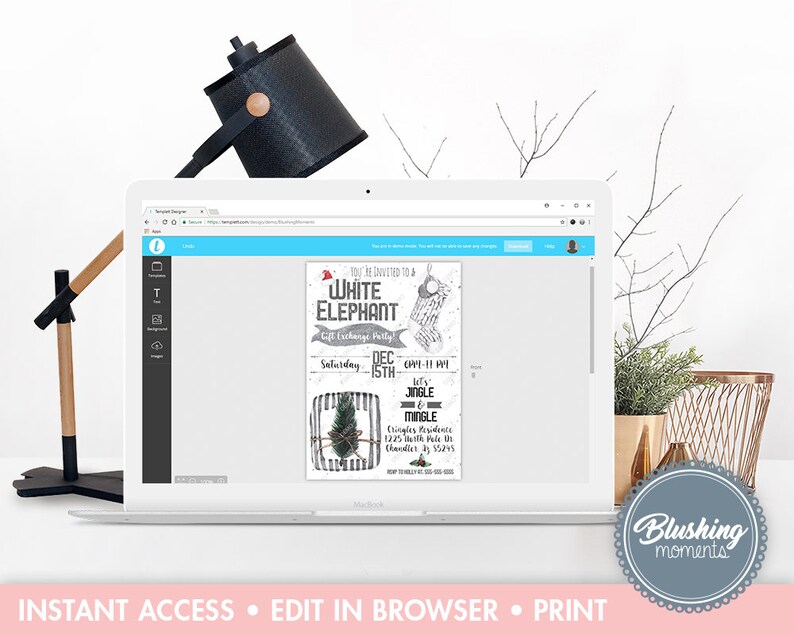 May include: A digital invitation for a White Elephant gift exchange party. The invitation features a black and white illustration of a Christmas stocking with a Santa hat on top. The text on the invitation reads "You are invited to a White Elephant Gift Exchange Party" and includes the date, time, and location of the party.