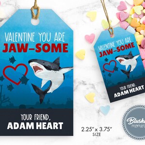 Shark Valentine&#39;s Day Tags, Printable Valentine, Classroom School Teacher, You are Jawsome Great White Gift Tag, Editable Instant Download