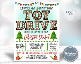 Può includere: Un volantino natalizio per una raccolta di giocattoli con un cartello di legno che dice "Toy Drive" in lettere rosse e bianche. Il volantino è decorato con alberi di Natale e luci. Dice "Unisciti a noi per la raccolta di giocattoli natalizia della Mesa Elementary" e "Aiutando i bambini della Chiesa Cristiana di Mesa". Il volantino include anche le date e gli orari della raccolta, nonché la posizione del centro di donazione di giocattoli.