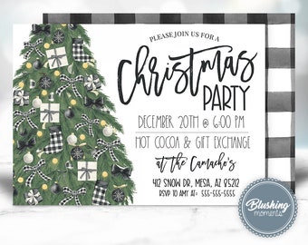 May include: A Christmas party invitation with a black and white buffalo check background. The invitation features a watercolour illustration of a Christmas tree decorated with black and white buffalo check baubles, bows, and presents. The text on the invitation reads "Please join us for a Christmas Party, December 20th at 6:00 PM, Hot Cocoa & Gift Exchange at the Camacho's, 412 Snow Dr, Mesa, AZ 85212, RSVP to Amy at: 555-555-5555".