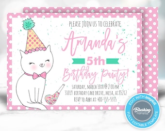 Invito di compleanno gatto, Inviti festa gattino, Inviti Pawty, Tema festa gatto, Modello modificabile, Stampabile, Download istantaneo