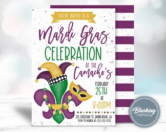 Könnte beinhalten: Eine Einladung zu einer Mardi Gras-Feier mit einem Design aus lila, grünem und goldenem Fleur-de-lis. Die Einladung enthält den Text "You're invited to a Mardi Gras Celebration at the Camacho's, February 25th at 8:00PM, 225 Crocodile St, Baton Rouge, LA, RSVP to Monica at: 555-555-5555".