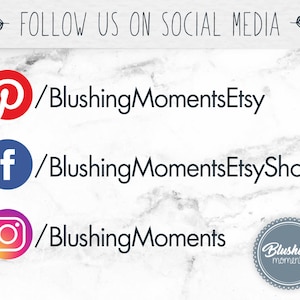 Może przedstawiać: Ikony medi&oacute;w społecznościowych dla platform Pinterest, Facebook i Instagram z nazwą użytkownika "BlushingMomentsEtsy" dla każdej platformy.