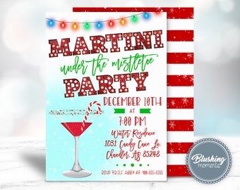 Op de afbeelding: Een rood-wit gestreepte achtergrond met een witte kaart overlay. De kaart heeft een blauw-witte achtergrond met een martini-glas gevuld met rode vloeistof en een snoepstok. De tekst op de kaart luidt "MARTINI under the mistletoe PARTY DECEMBER 10TH AT 7:00 PM Winter Residence 1031 Candy Cane Ln. Chandler, AZ 85248 RSVP TO ELF ABBY AT: 980-555-5555".