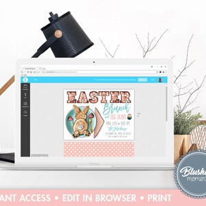 Op de afbeelding: Een bewerkbare digitale uitnodiging voor een paasbrunch en eierenjacht. De uitnodiging toont een cartoonkonijn dat een bord met eten vasthoudt, tegen een roze achtergrond met stippen. De tekst luidt "Paasbrunch en eierenjacht" met de datum en tijd van het evenement.