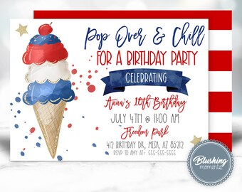 4th of July Birthday Invitations, Pop On Over Popsicle Invitation, Summer Ice Cream Invites, Red White & Blue, Editable Template, Printable