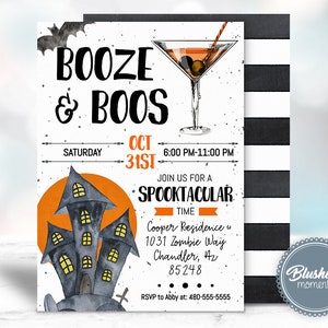 Puede incluir: Invitaci&oacute;n a una fiesta de Halloween con las palabras "BOOZE & BOOS". La invitaci&oacute;n incluye una ilustraci&oacute;n de una casa embrujada, un martini y un murci&eacute;lago. Se detallan los datos del evento.