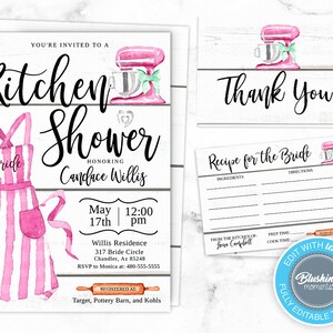 Editable Kitchen Bridal Shower Invitation Set-Rustic Bridal Shower Invite-Baking Invitation-Recipe Card-Farmhouse-Instant Download-Printable