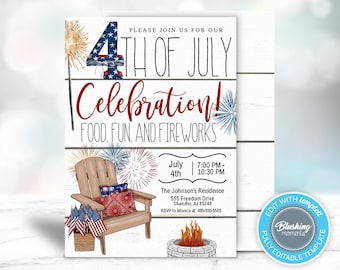 May include: A 4th of July party invitation with a red, white and blue colour scheme. The invitation features a red number 4, a red, white and blue striped chair, and a campfire. The text on the invitation reads "Please join us for our 4th of July Celebration! Food, Fun, and Fireworks." The invitation also includes the date and time of the party, the address, and the RSVP information.