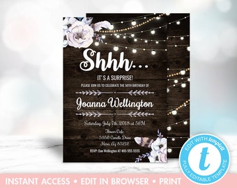 Invitation d'anniversaire pour les femmes, Invitation d'anniversaire rustique, Invitation d'anniversaire Surprise, Guirlandes lumineuses en bois, Templett, Téléchargement instantané