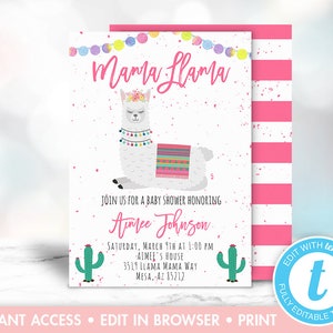 Llama Baby Shower Invitation, Llama Baby Shower Theme, Printable Llama Invitations, Girl Baby Shower Invites, Instant Download, Editable