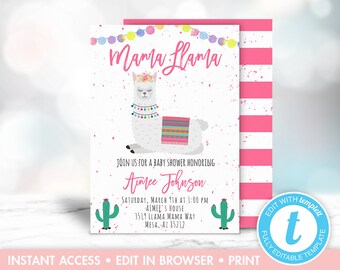 Llama Baby Shower Invitation, Llama Baby Shower Theme, Printable Llama Invitations, Girl Baby Shower Invites, Instant Download, Editable