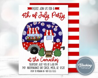 May include: Invitation to a 4th of July party at the Camachos. The invitation features a cartoon illustration of a red, white, and blue camper van with a welcome sign. The text reads "Please join us for a 4th of July Party at the Camachos. Thursday July 4th at 6:00 PM. 7419 Independence Day Circle, Mesa, AZ 85212. RSVP to Meghan at: 480-555-5555."