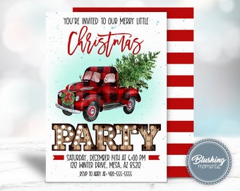 May include: A red and black plaid pickup truck with a Christmas tree in the bed. The truck is driving on a blue background with white snowflakes. The text "You're invited to our merry little Christmas Party" is at the top of the image. The text "Saturday, December 14th at 6:00 PM 1212 Winter Drive, Mesa, AZ 85212 RSVP to Addy at: 480-555-5555" is at the bottom of the image.