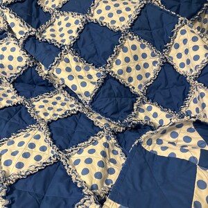 Handmade hand-cut rag cloth quilt blue and white polka dot/circle designed fabric cotton