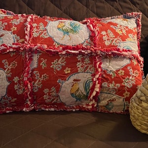 Rectangle Handmade hand-cut rag cloth throw pillow red white chicken tooster paisley Country/Shabby Chic