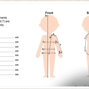 May include: Diagram showing nine measurements for a garment. The measurements are labeled 1 through 9. The diagram shows the front and side views of a person. All measurements except 4 and 7 are all around the body.