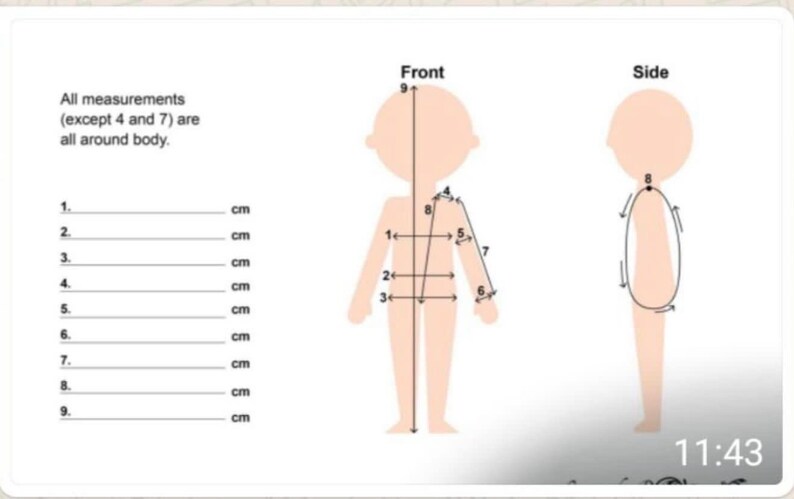 May include: Diagram showing nine measurements for a garment. The measurements are labeled 1 through 9. The diagram shows the front and side views of a person. All measurements except 4 and 7 are all around the body.