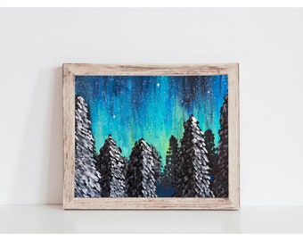 Winter Forest Art Print, Northern Lights Wall Art, Winter Landscape Print, Home Decor, PHYSICAL ART PRINT