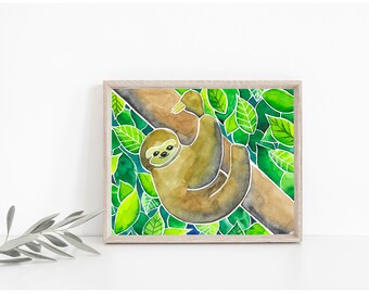 Sloth Art Print, Sloth Wall Art, Jungle Animal Art Print, Sloth Painting, Tropical Home Decor, PHYSICAL ART PRINT