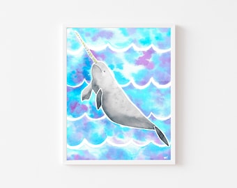 Watercolor Narwhal Art Print, Kids Room Decor (Digital Download)
