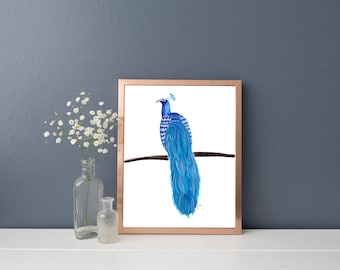May include: A framed watercolor painting of a blue peacock with its tail feathers spread out. The peacock is perched on a branch.