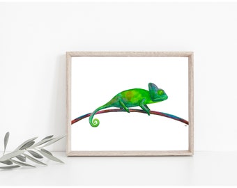 Chameleon Art Print, Watercolor Chameleon, Baby Chameleon Wall Art, Lizard Art, Home Decor, PHYSICAL ART PRINT